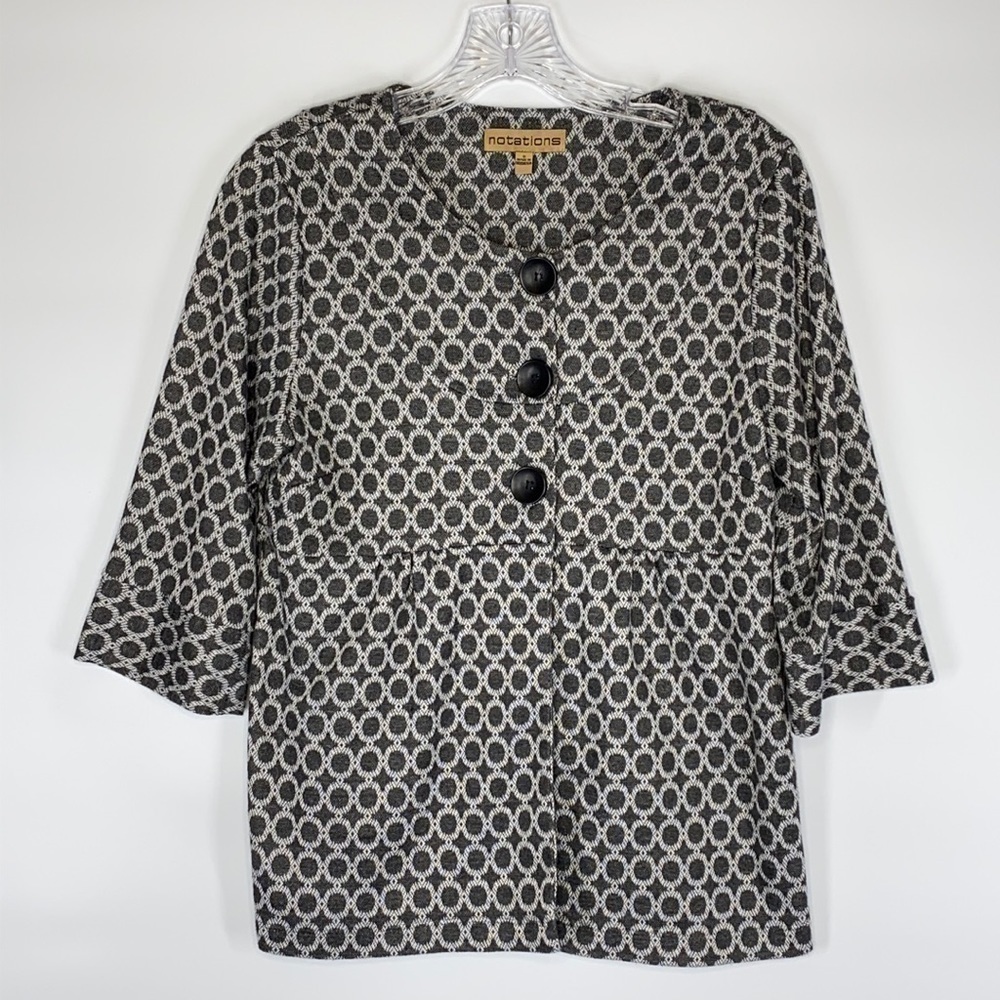 Notations Gray/Black Circle Patterned Button Front Blazer Small